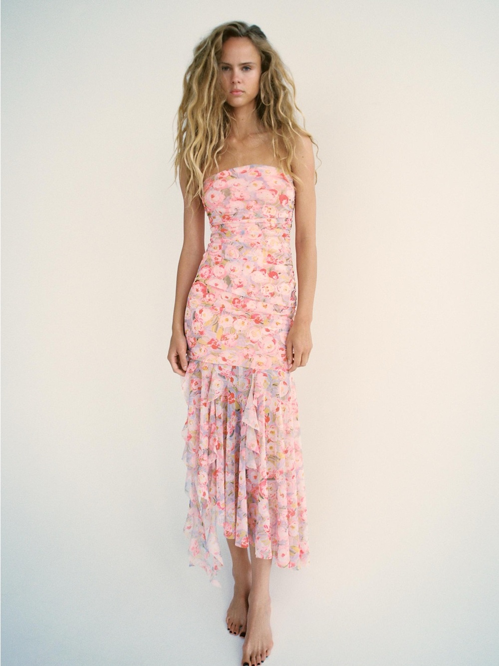 ZARA PRINTED TULLE BANDEAU DRESS